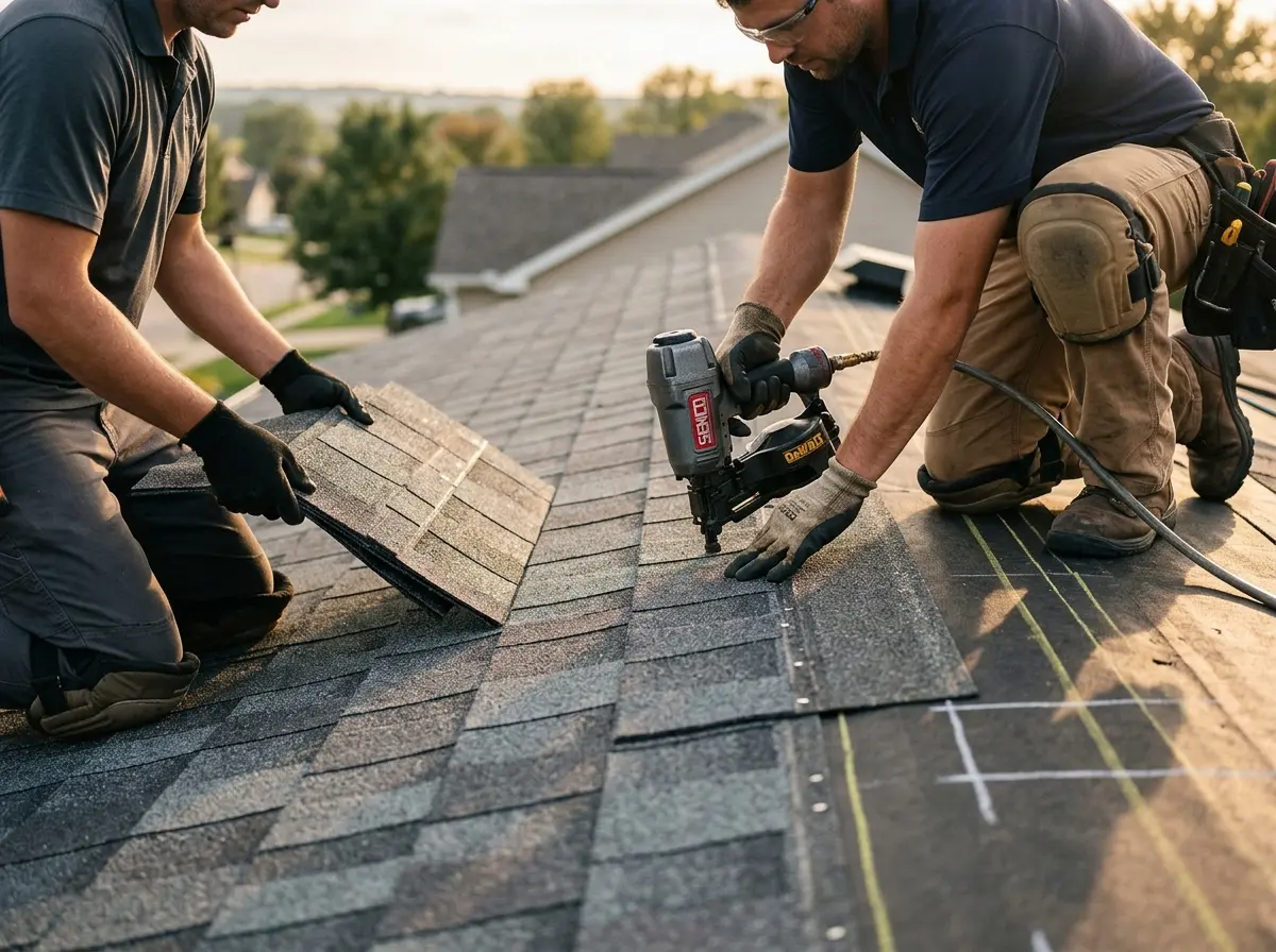 Professional roofer working on a residential roof in Brewer
